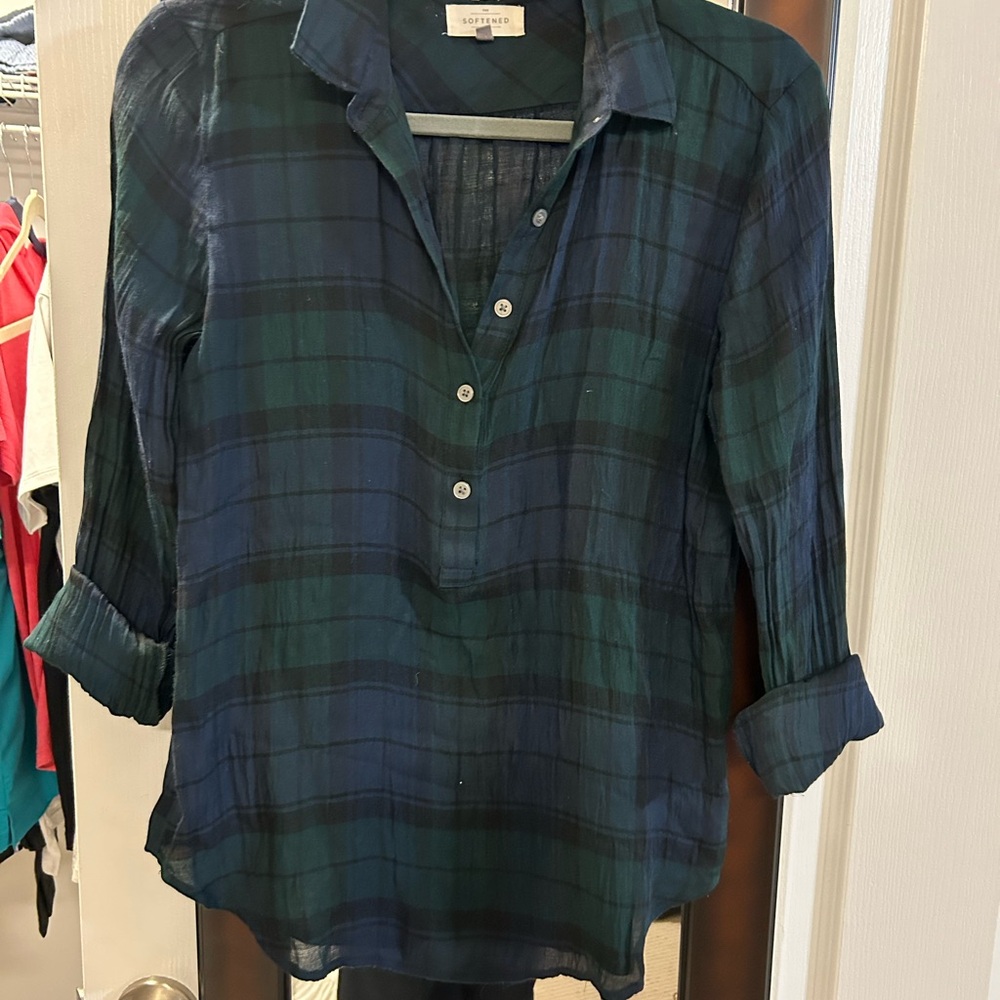 LOFT Navy and Green Plaid Button Down Shirt